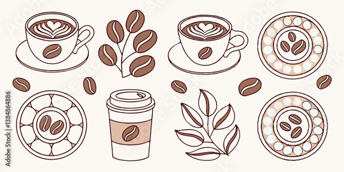 Coffee Cups Beans Leaves Coasters Line Art Illustration - Brown and White Design Elements