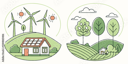 Green Renewable Energy Line Art: Eco Home Solar Wind Nature Scene