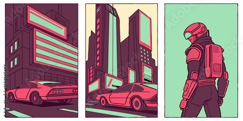 Cyberpunk Sci-Fi City Retro Cars Comic Art Vector
