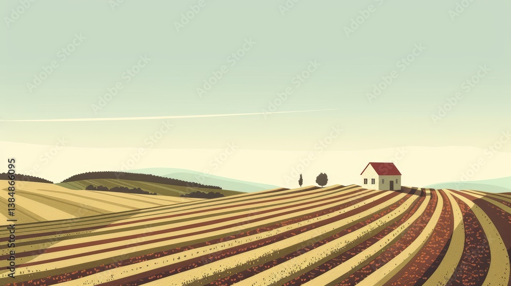 Fototapeta premium Serene Farmhouse in Rolling Hills: A Pastoral Landscape