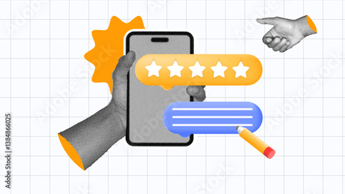 halftone collage, Customer review and rating illustration with hand holding smartphone, 5-star feedback, and comment section. user experience, product feedback, and mobile app rating concepts