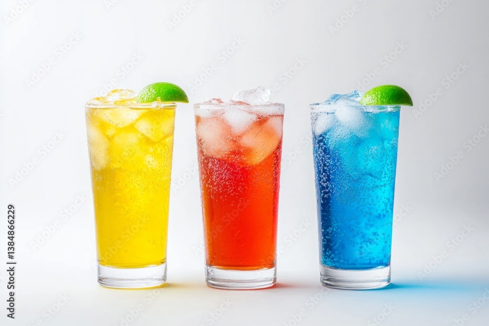 Three colorful cocktails with ice and lime slices in glasses on white background. Summer drinks. Three colorful cocktails with ice and lime slices in glasses on white background. Summer drinks.