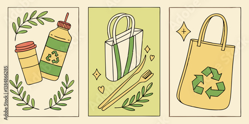 Eco-Friendly Cartoon Illustration: Reusable Tote Bag, Coffee Cup, Water Bottle, Bamboo Toothbrush, Recycle Symbol on Beige Background