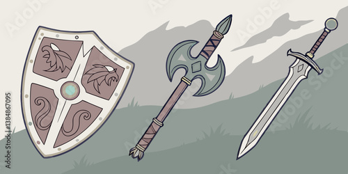 Cartoon Medieval Weapons Set Shield Axe Sword Illustration Game Assets