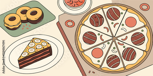 Tasty Flat Style Vector Illustration Pizza Cake Donuts Sweet Treats
