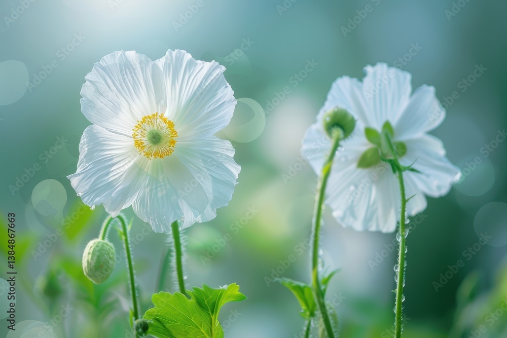 Delicate white flowers blooming in a serene garden at dawn with dewdrops glistening softly Delicate white flowers blooming in a serene garden at dawn with dewdrops glistening softly