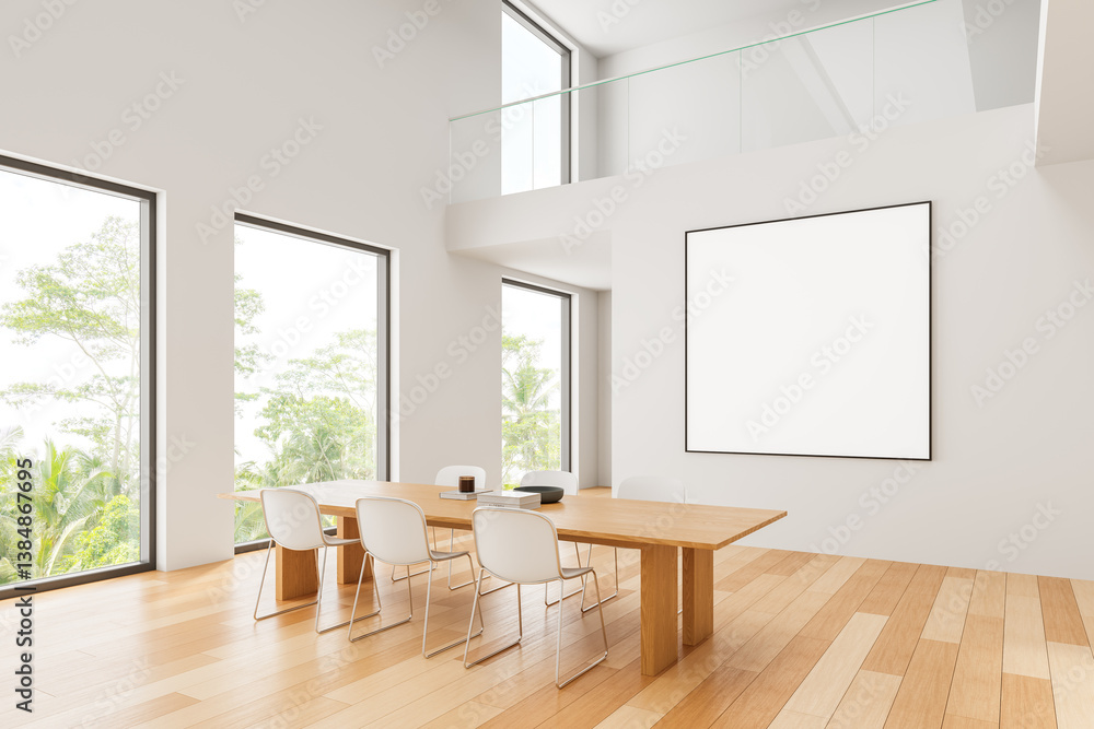Obraz premium Blank poster mockup on bright wall in modern office with wooden floor, large windows, and minimal furniture layout for clean design presentation. 3D Rendering