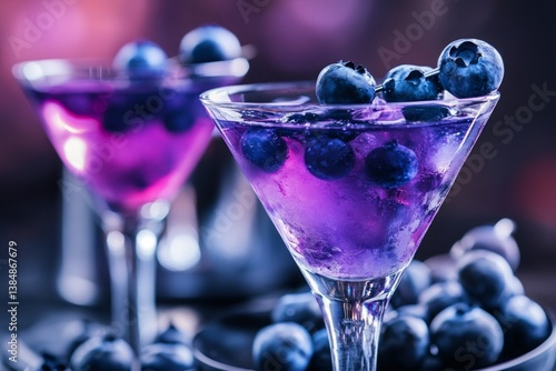Purple blueberry cocktail with ice in martini glass. Close-up with fresh berries and soft light.