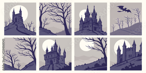 Halloween Spooky Moonlit Gothic Castle and Bare Tree Landscapes Fantasy Illustration