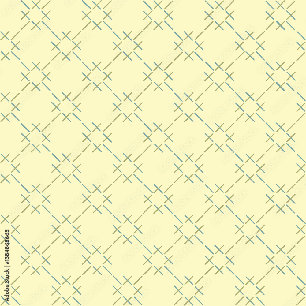 Fototapeta premium green and blue hand drawn crosses. folk decorative art. beige repetitive background. vector seamless pattern. stylish fabric swatch. geometric wrapping paper. continuous design template for textile