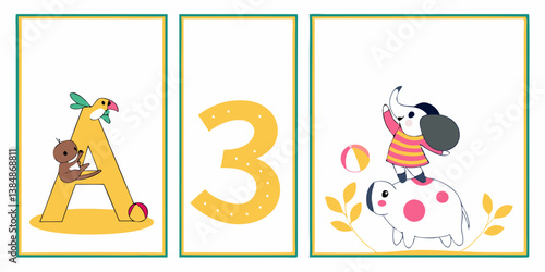Adorable Whimsical Colorful Educational Cartoon Alphabet A Number 3 Animals Elephant Cow Bird Beaver Kids Early Childhood Education Illustration