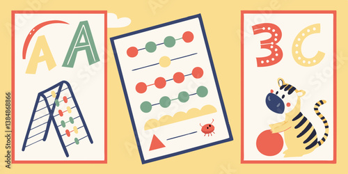 Colorful Flat Design Educational Cartoon Image for Preschool Kindergarten Kids ABC Letters Number 3 Abacus Cute Tiger Triangle Beads Early Childhood Education