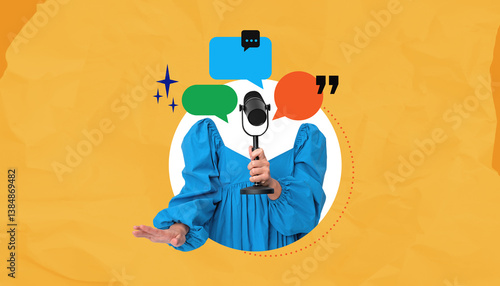 Photos Woman holding microphone with speech bubbles on yellow background
