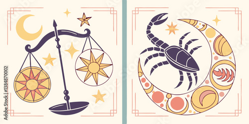 Libra Scales and Scorpio Scorpion Zodiac Signs Astrology Horoscope Celestial Art Beige Background