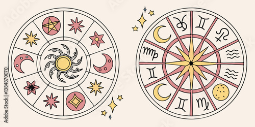 Astrological Zodiac Wheels with Sun Moon and Star Symbols Illustration