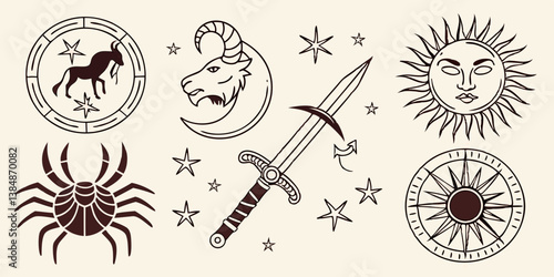 Vintage Occult Zodiac Astrology Tattoo Art: Sun, Moon, Stars, Capricorn, Aries, Cancer, Sword, Compass Rose, Mystical Celestial Line Art Vector Illustration