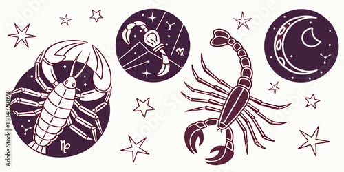 Mystical Celestial Zodiac Horoscope: Purple & White Vector Art Cancer Scorpio Moon Stars