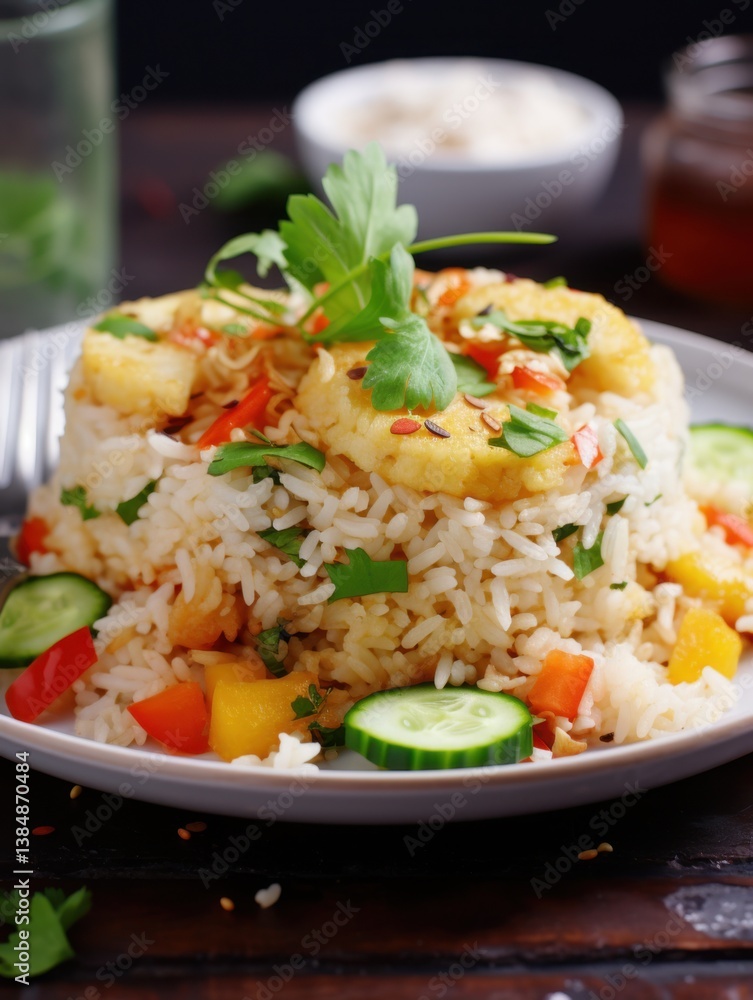 A close up of a plate of rice with pineapple and vegetables on a dark wooden surface and background A close up of a plate of rice with pineapple and vegetables on a dark wooden surface and background