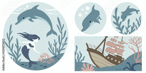 Underwater Ocean Scene with Dolphins Mermaid and Shipwreck Marine Life Illustration