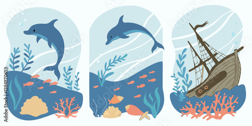 Cartoon Underwater Ocean Scene Illustration Set Dolphins Shipwreck Coral Reef Seaweed Fish Marine Life Flat Design