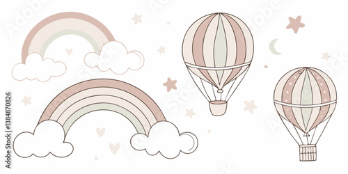 Cute Pastel Rainbows Hot Air Balloons Nursery Decor Illustration Stars Moons Hearts Clouds Baby Kids Wall Art Print
