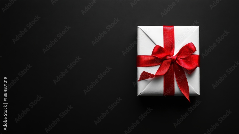Isolated white present box with red ribbon on black background, holiday or birthday celebration concept for event visuals. Isolated white present box with red ribbon on black background, holiday or birthday celebration concept for event visuals.