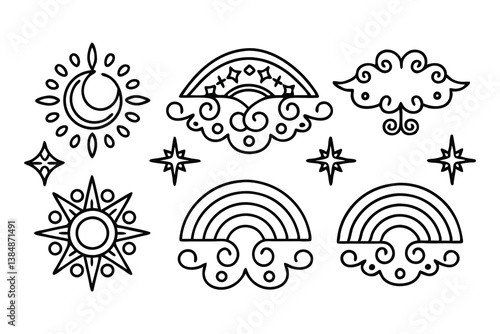 hand drawn magical symbols with moon  sun and rain