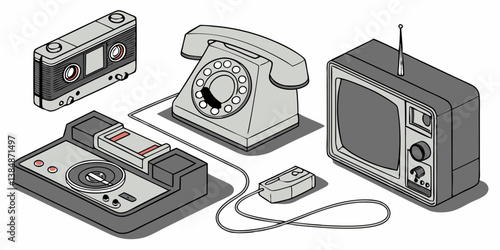 Vintage Retro Electronic Devices Cassette Rotary Phone Television Game Console Isometric Black and White Line Art Illustration of Classic Technology