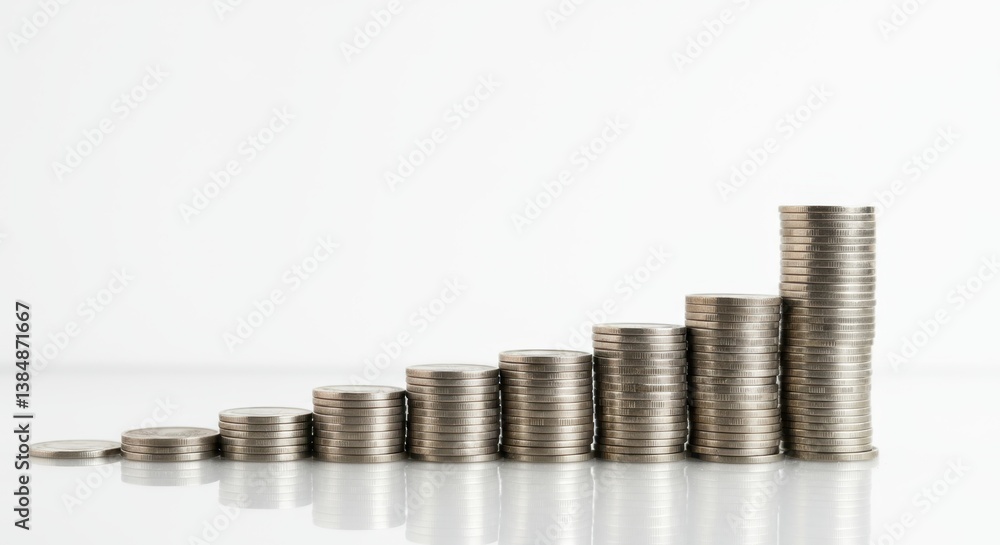 A series of neatly stacked coins of varying heights arranged on a reflective white surface A series of neatly stacked coins of varying heights arranged on a reflective white surface
