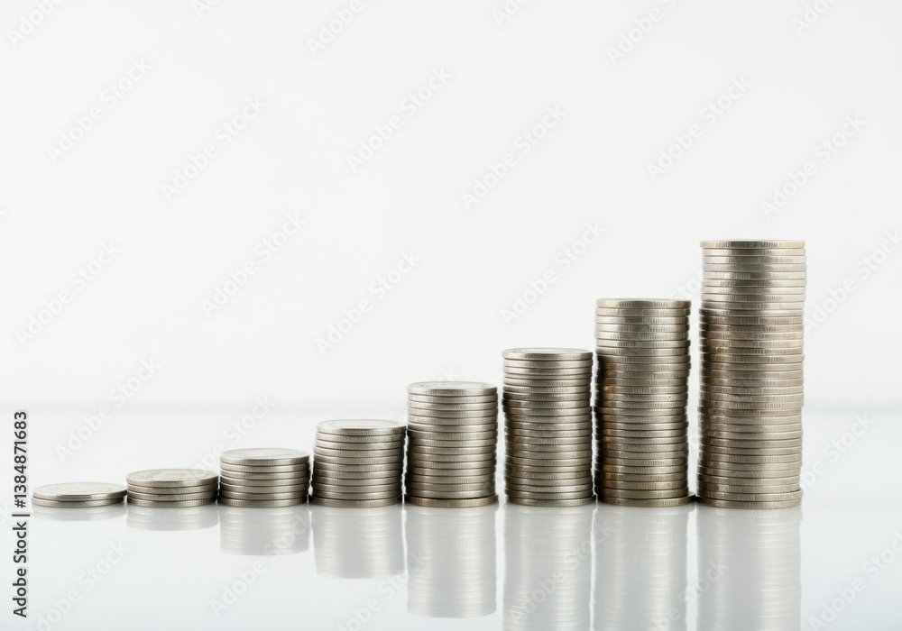 A series of neatly stacked coins of varying heights arranged on a reflective white surface A series of neatly stacked coins of varying heights arranged on a reflective white surface