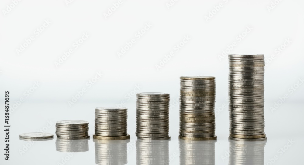 A series of neatly stacked coins of varying heights arranged on a reflective white surface A series of neatly stacked coins of varying heights arranged on a reflective white surface