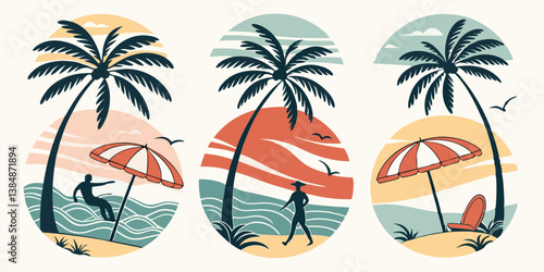 Retro Beach Vacation Vector Art Palm Trees Ocean People Umbrella Chair Summer Holiday Seaside Scenes