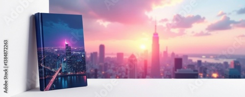 A book cover mockup against a plain white background with a futuristic cityscape at sunset, fiction novel, minimalism, soft focus