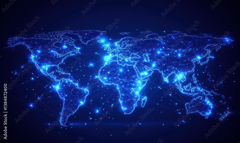 Fototapeta premium Digital world map with glowing connections and network nodes representing global communication