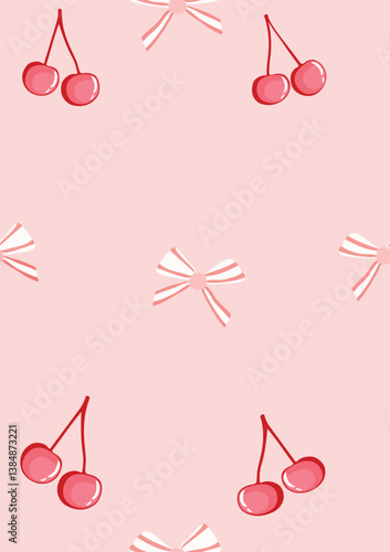 Pink cherry and pink, white transparent bow.Seamless pattern Vector.