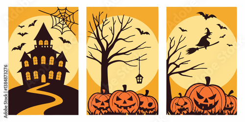 Spooky Halloween Cartoon Vector Set Haunted House Witch on Broom Pumpkins Bats Full Moon Bare Trees Spider Web Lantern Autumn Fall Decoration Graphic Design