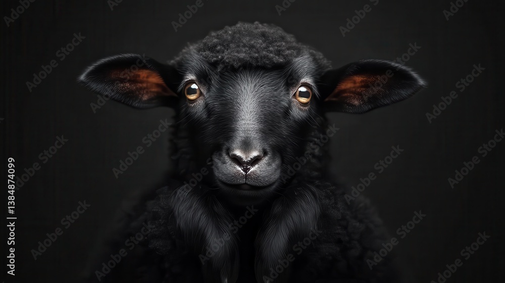 This striking image showcases a black sheep with vivid eyes, emphasizing its unique features against a minimalistic dark background for a captivating visual effect. This striking image showcases a black sheep with vivid eyes, emphasizing its unique features against a minimalistic dark background for a captivating visual effect.