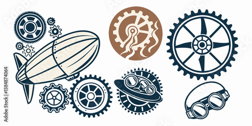 Vintage Steampunk Airship Gears Goggles Octopus Vector Illustration Design