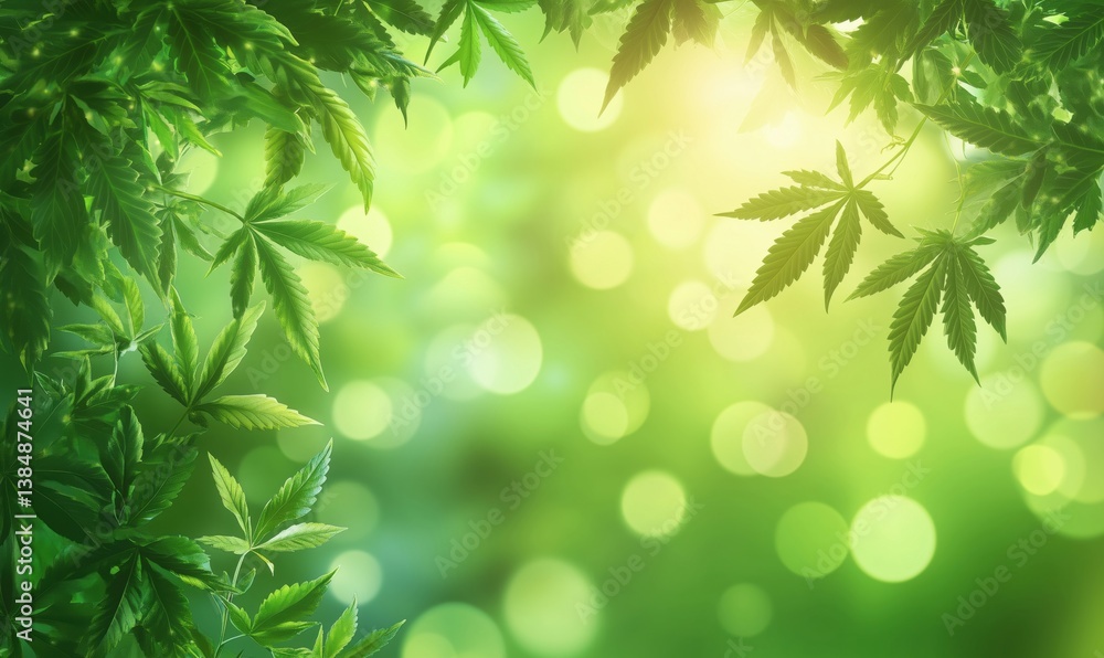 Obraz premium Green leaves framing soft bokeh background with sunlight and vibrant colors