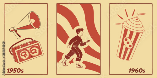Retro 1950s 1960s Pop Culture Icons: Megaphone, Radio, Running, Soda Cup Graphic