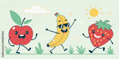 Vector Illustration: Bright Colorful Happy Smiling Cartoon Fruits - Apple, Banana, Strawberry Characters, Cute Playful Food Art, Summer Nature Scene for Kids Education
