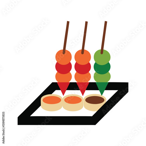 : skewers sauces and chopsticks over paper trays