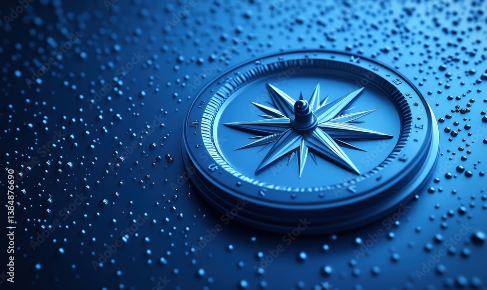Blue compass on textured surface with droplets, symbolizing navigation and direction Blue compass on textured surface with droplets, symbolizing navigation and direction