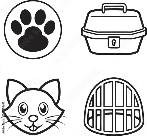 Pet Care Essentials: Icons Featuring Paw Print, Carrier, Cat Face, and Cage for Animal Welfare Themes
