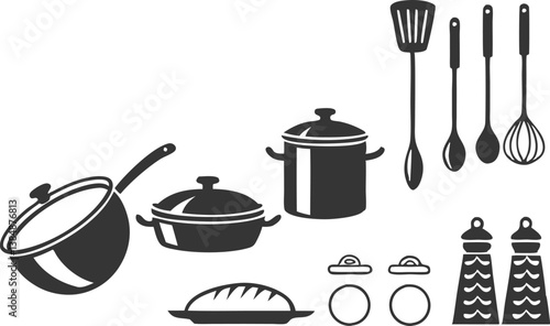 Essentials for Culinary Mastery: Various Kitchen Tools and Cookware in an Organized Arrangement