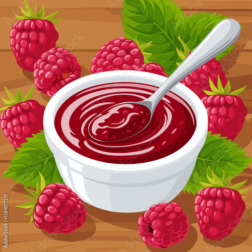 Raspberry jam in a bowl with fresh raspberries and leaves  