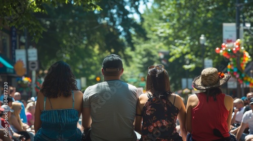 A diverse group of friends enjoying a sunny day at a lively outdoor event, capturing moments of joy and community spirit.