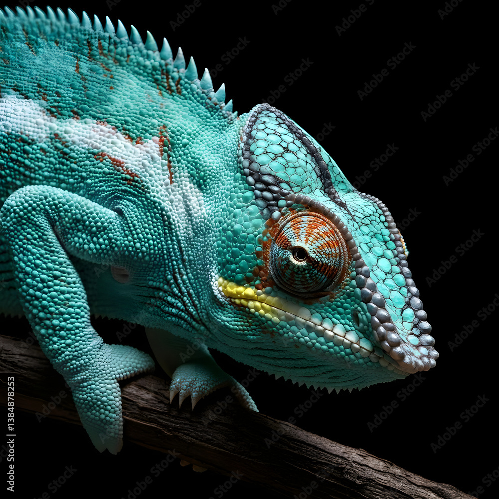 Fototapeta premium Vibrant Blue Panther Chameleon Close-up, Black Background