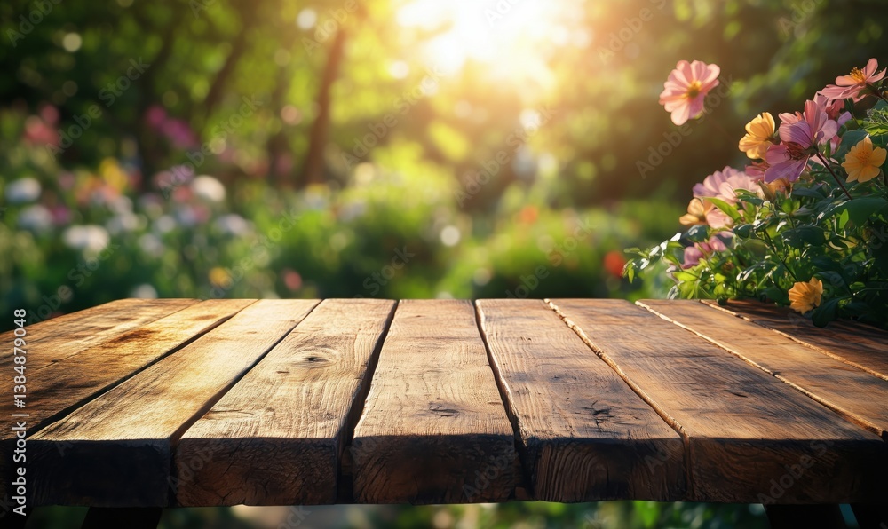 Fototapeta premium Wooden table in sunlit garden surrounded by colorful flowers and greenery