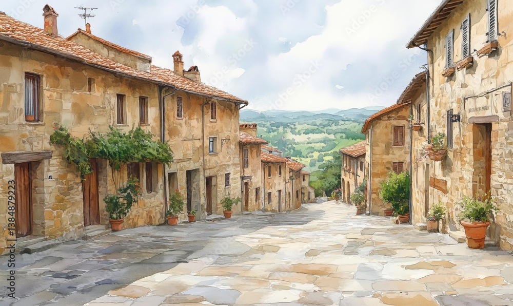 Fototapeta premium Charming Tuscan village street with stone houses and lush greenery